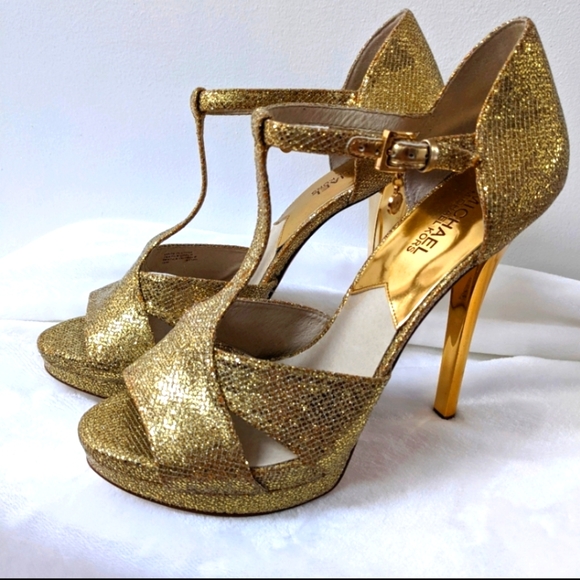 Michael Kors Gold Diana T-Strap Platform Heels